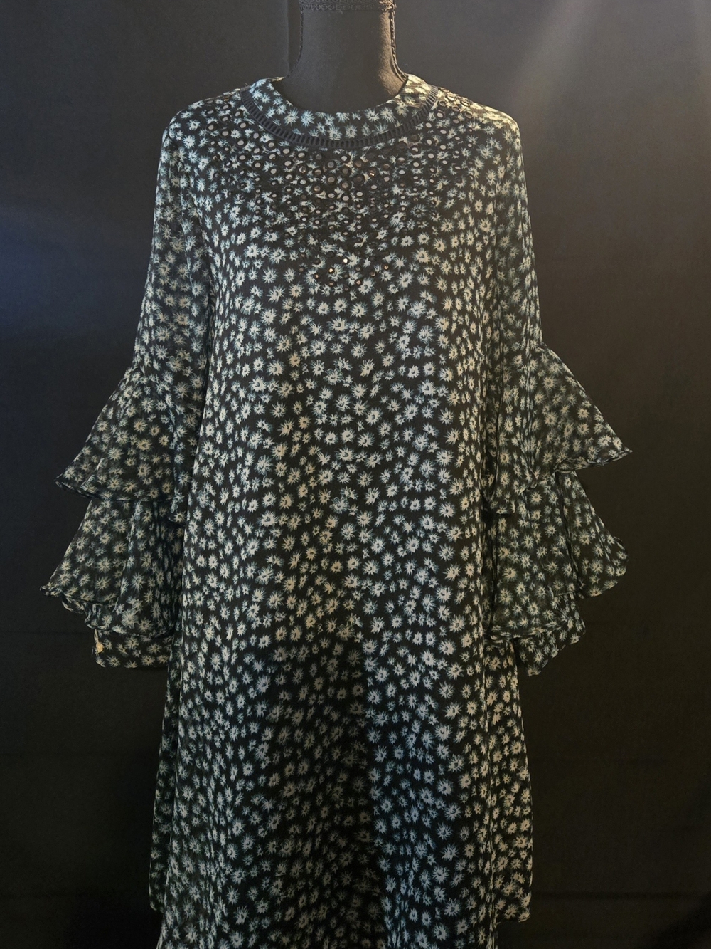 Anthropologie Ranna Gill Black/ Green Dress with White Floral Print Size S. EUC
